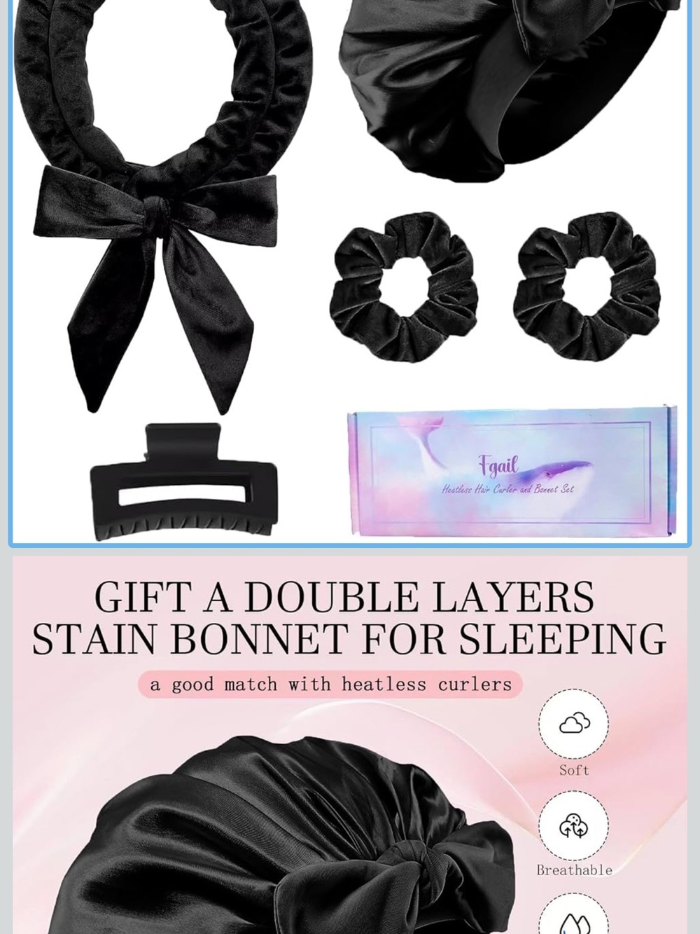 Black Satin Heatless Curls Bonnet Set with Scrunchies and Clawclip